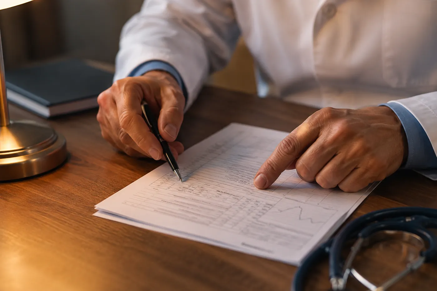 Médico revisando la ficha de un paciente sobre su escritorio